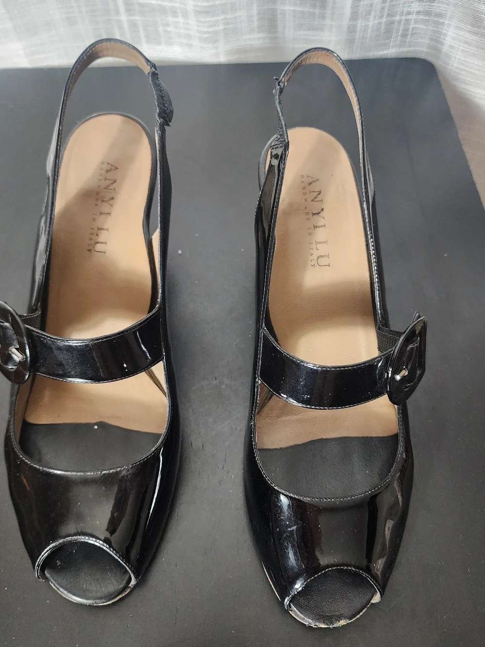 Anyi Lu Black Patent Slingback Peep-Toe Heels